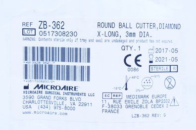 Microaire ZB-362 Round Ball Cutter Diamond X-Long, 3mm Dia.